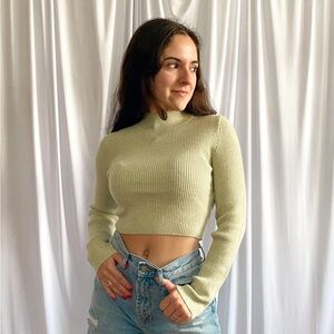 Green Ribbed Knit Mock Neck Sweater Open Back